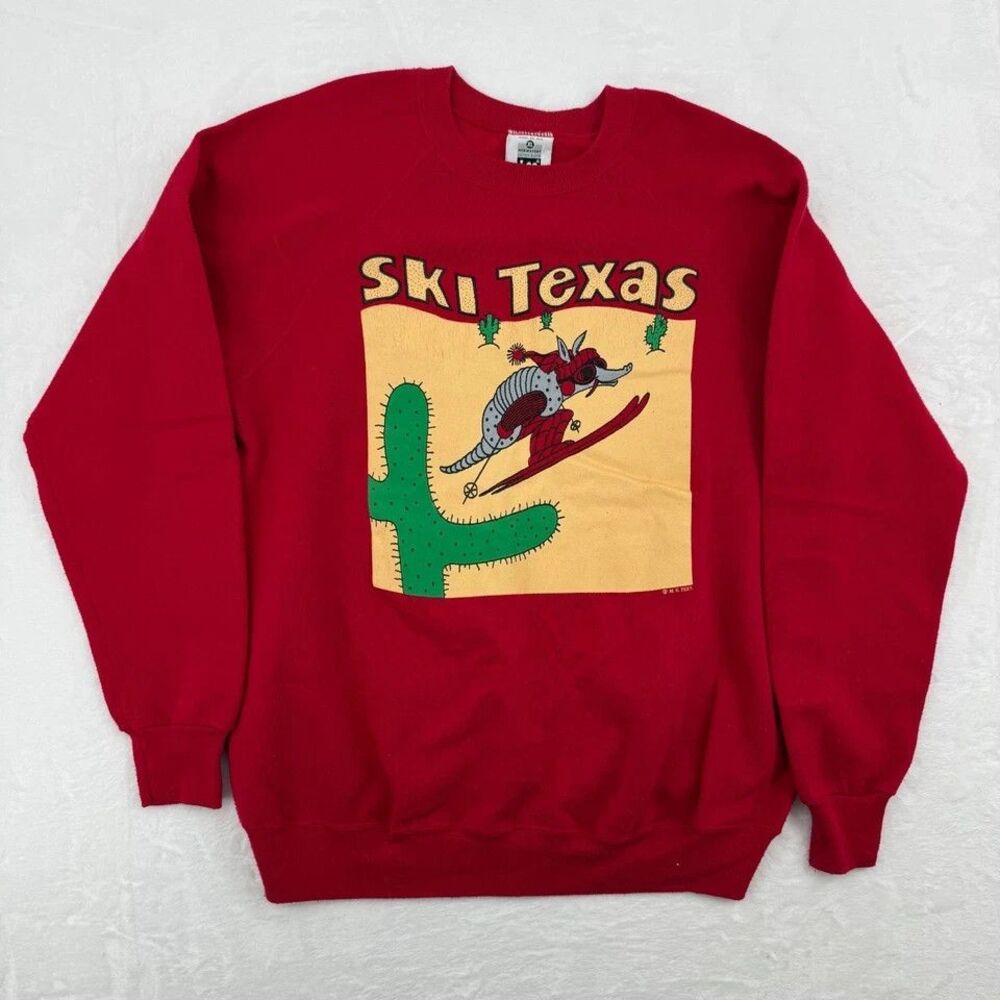 VTG 80s 90s Ski Texas Graphic Sweatshirt Sz XL Lee Sweats Armadillo USA Funny